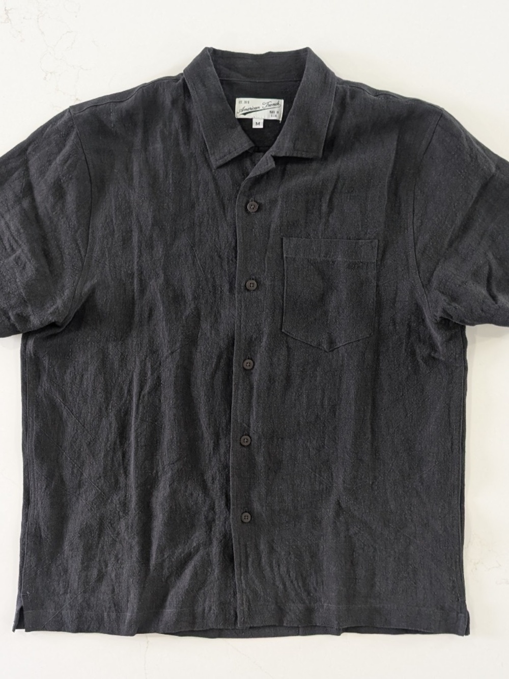 AMERICAN TRENCH Linen Camp Collar Shirt Medium M Charcoal Black Short Sleeve NWO
